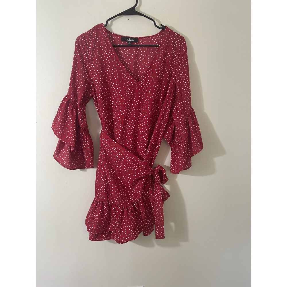 Lulu's Red Polka Dot Mini Wrap Dress Size Medium Ruffle Sleeve Cocktail Romantic - Picture 4 of 7
